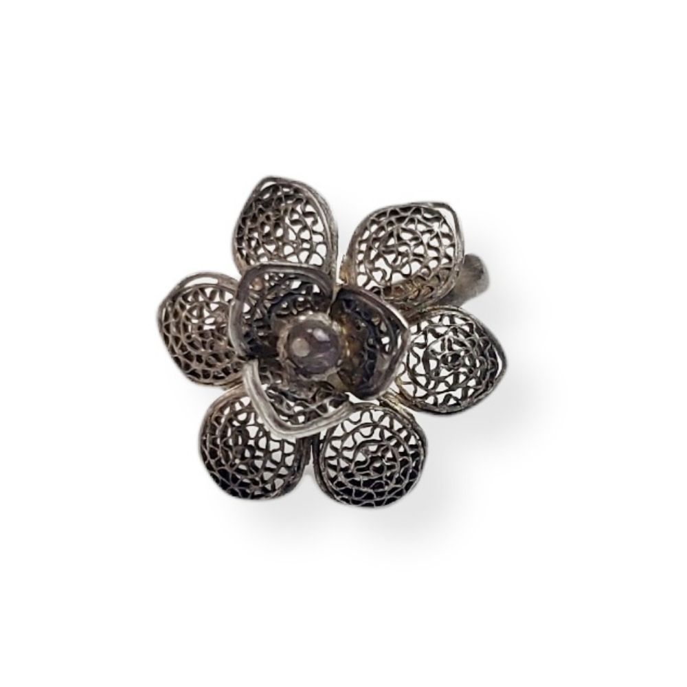 Vintage Filigree Flower Ring 925 Sterling Silver Dimensional Delicate Size 5.5